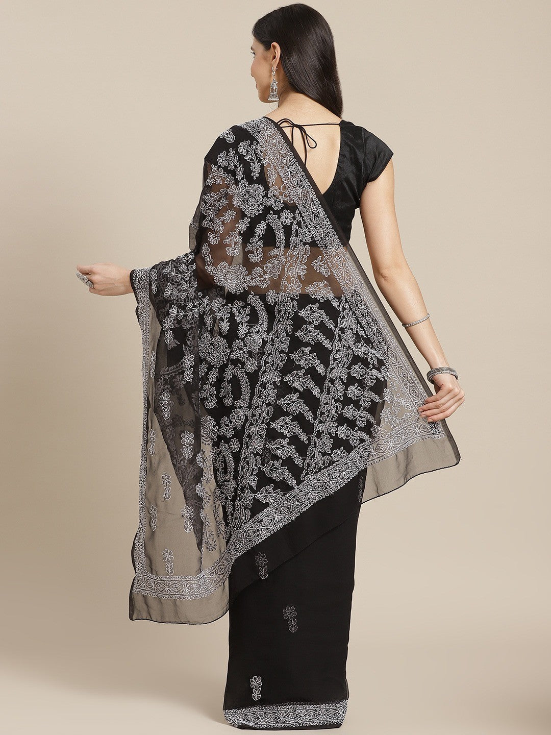 Ada Hand Embroidered Black Georgette Lucknow Chikan Saree With Blouse A129570