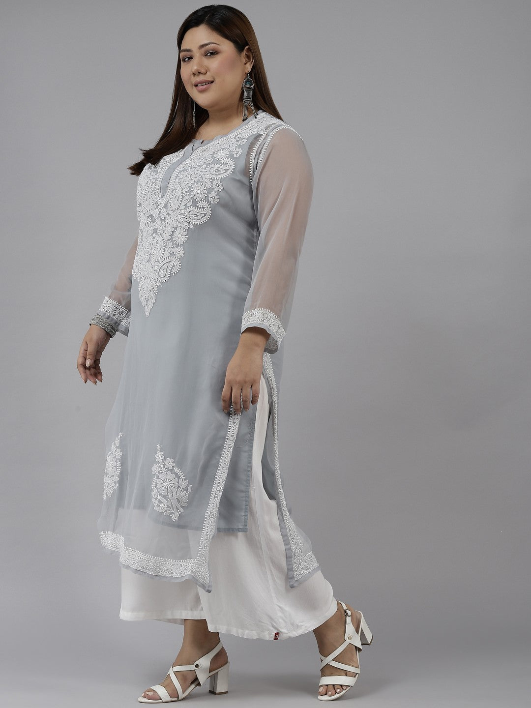 Ada Hand Embroidered Grey Georgette Lucknow Chikan Kurta with Slip A411358