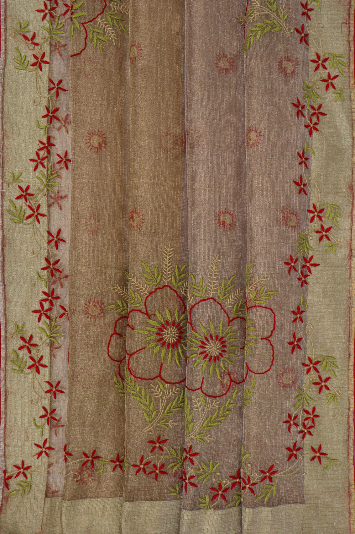 Ada Hand Embroidered Fawn Tissue Lucknowi Chikankari Saree With Blouse 01A622166