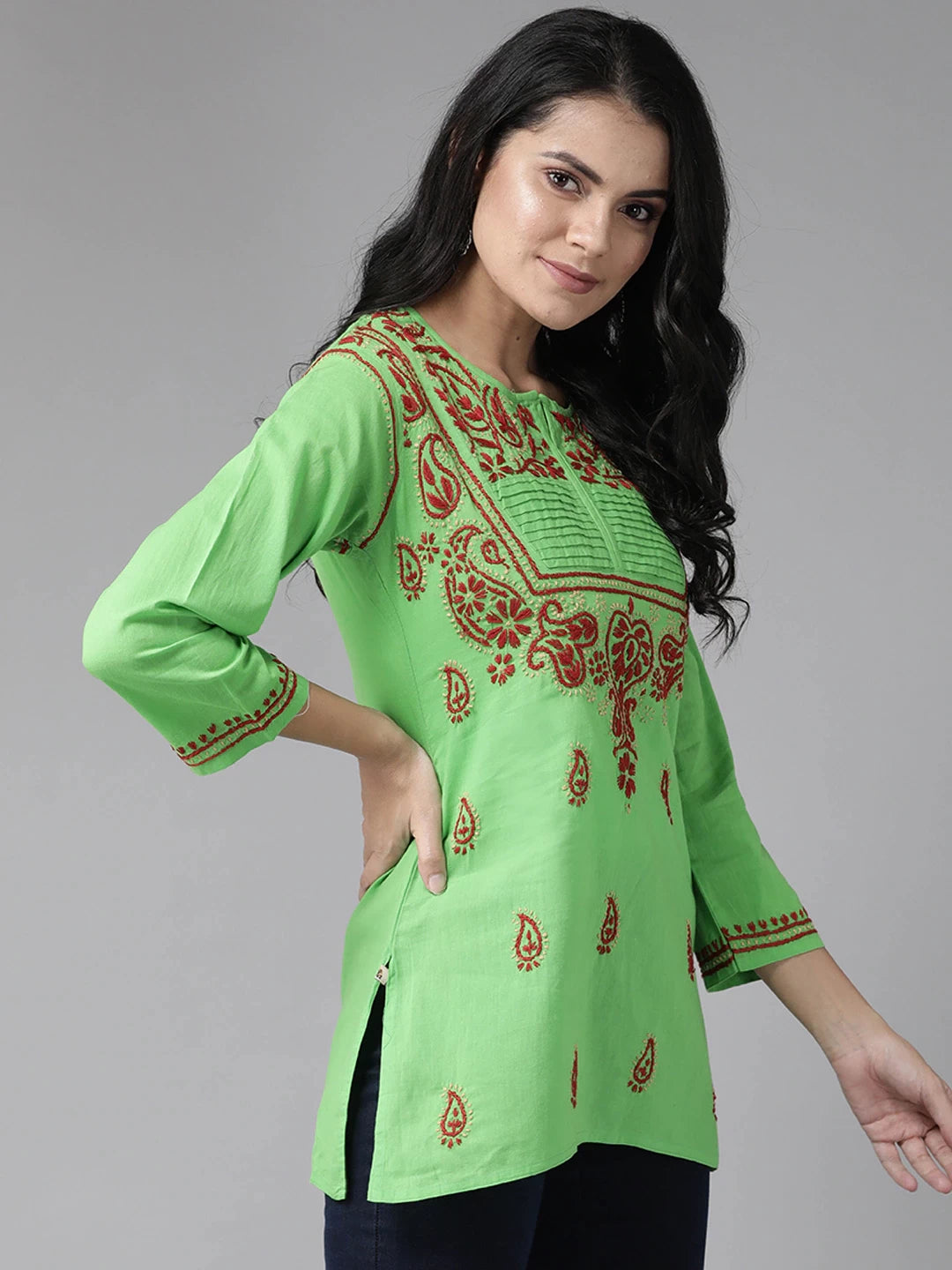 Ada Hand Embroidered Green Cotton Lucknow Chikan Kurti– A226921