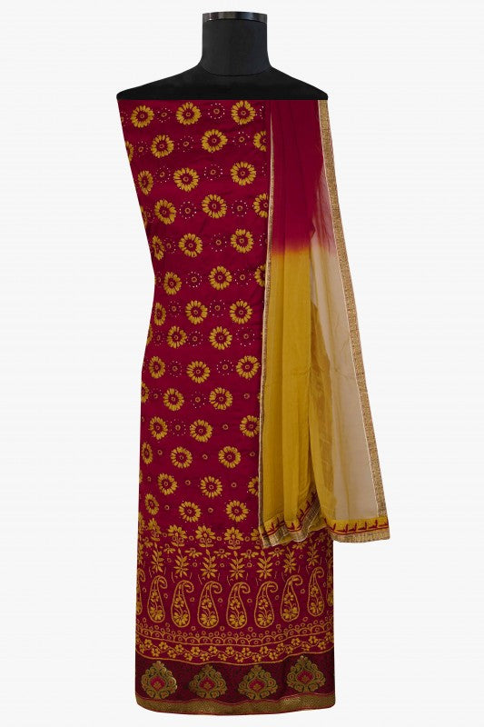 Ada Hand Embroidered Maroon Cotton Lucknowi Chikan Unstitched Suit Piece With Muqaish Work – A622615