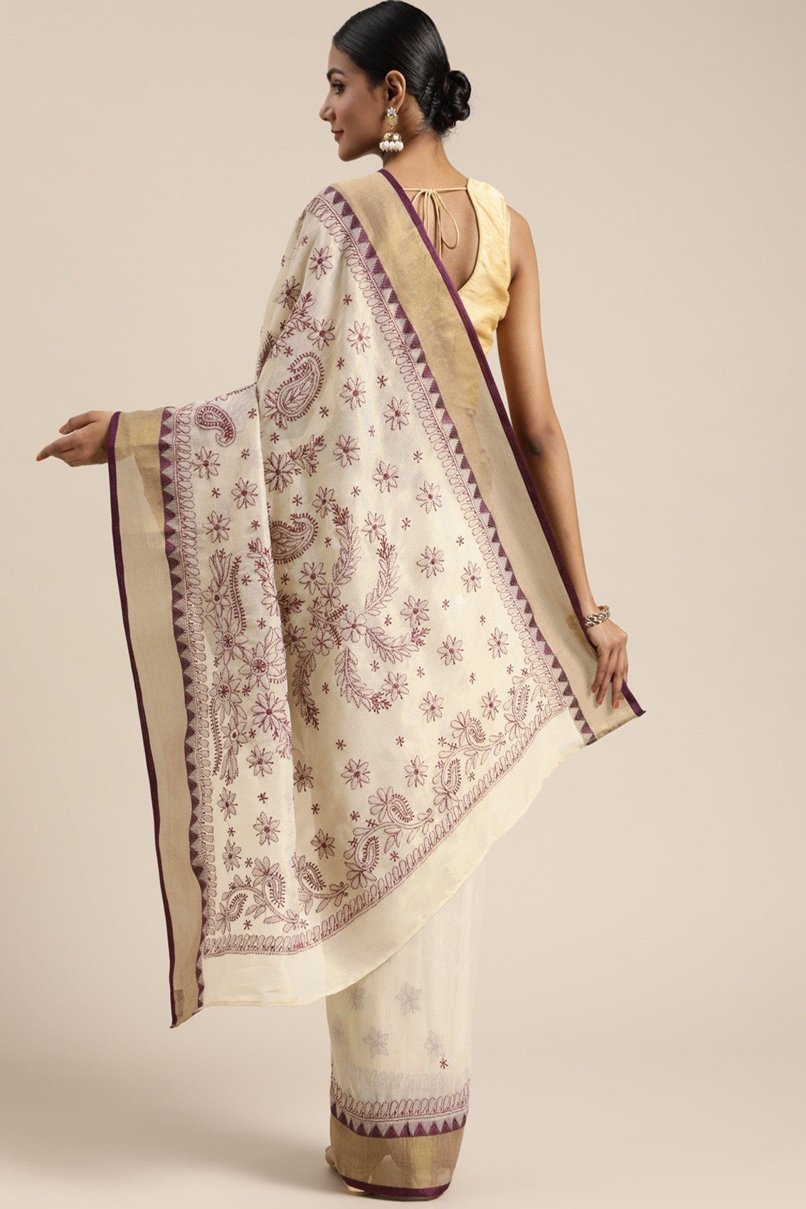 Ada Hand Embroidered Fawn Kota Lucknowi Chikankari Saree With Blouse A311355