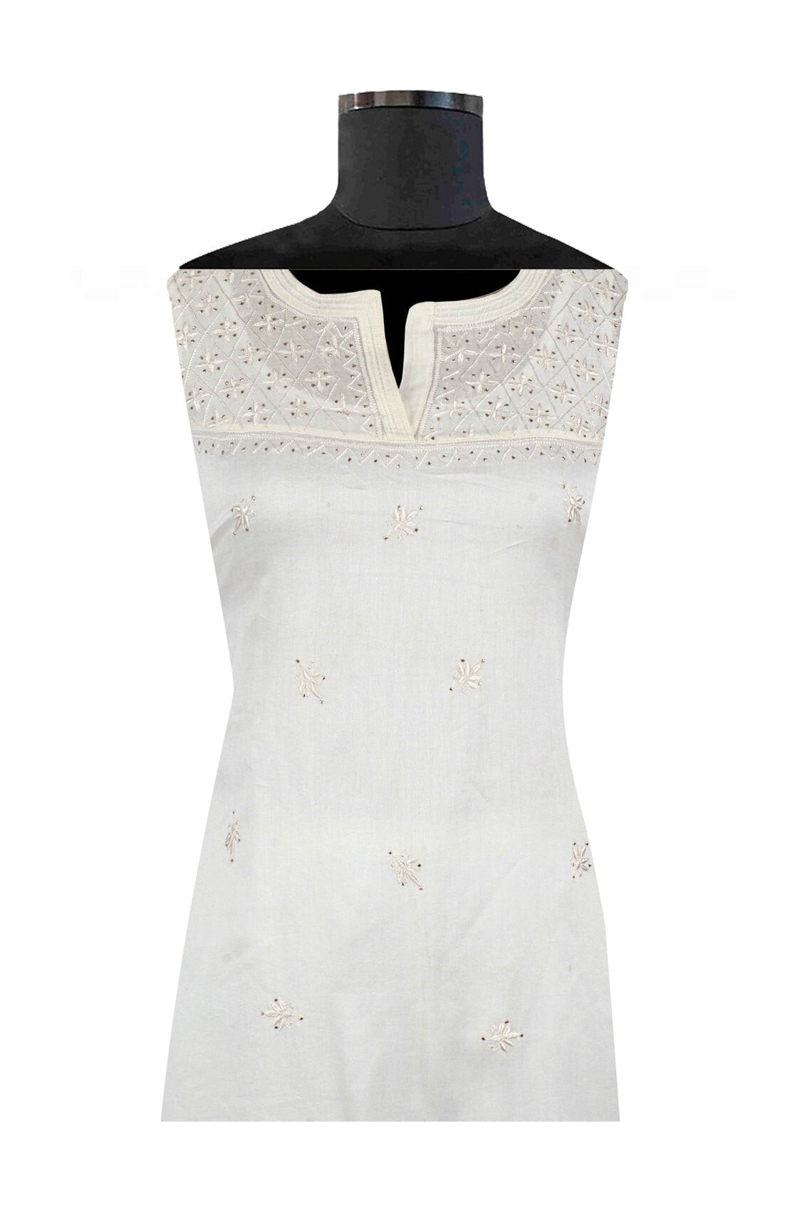 Ada Hand Embroidered White Chanderi Lucknowi Chikankari Unstitched Kurta Dupatta Set With Muqaish Work A595356