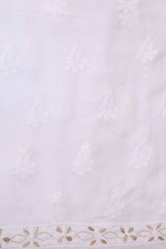 Ada Hand Embroidered White Georgette Chikan Unstitched Kurta Piece- A501449