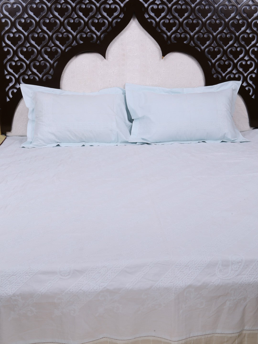 Ada Hand Embroidered Icy Blue Cotton Lucknowi Chikankari Bed Sheet Set A49703