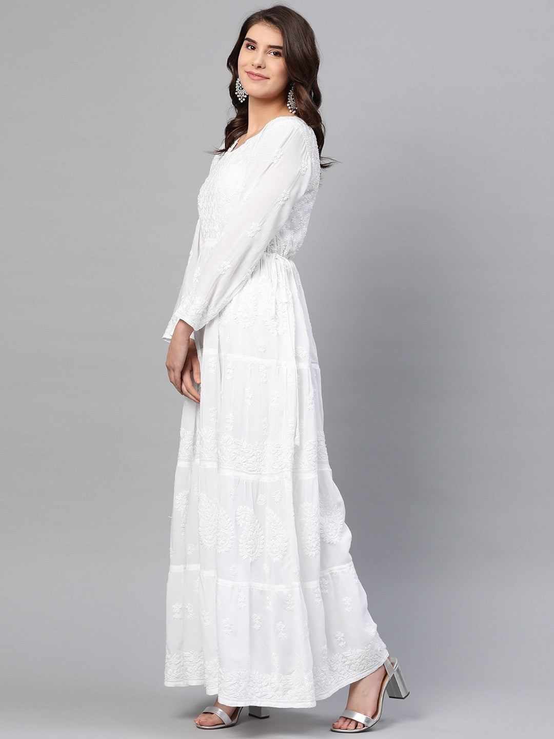 Ada Hand Embroidered White Muslin Lucknow Chikankari Anarkali Kurta-A411153
