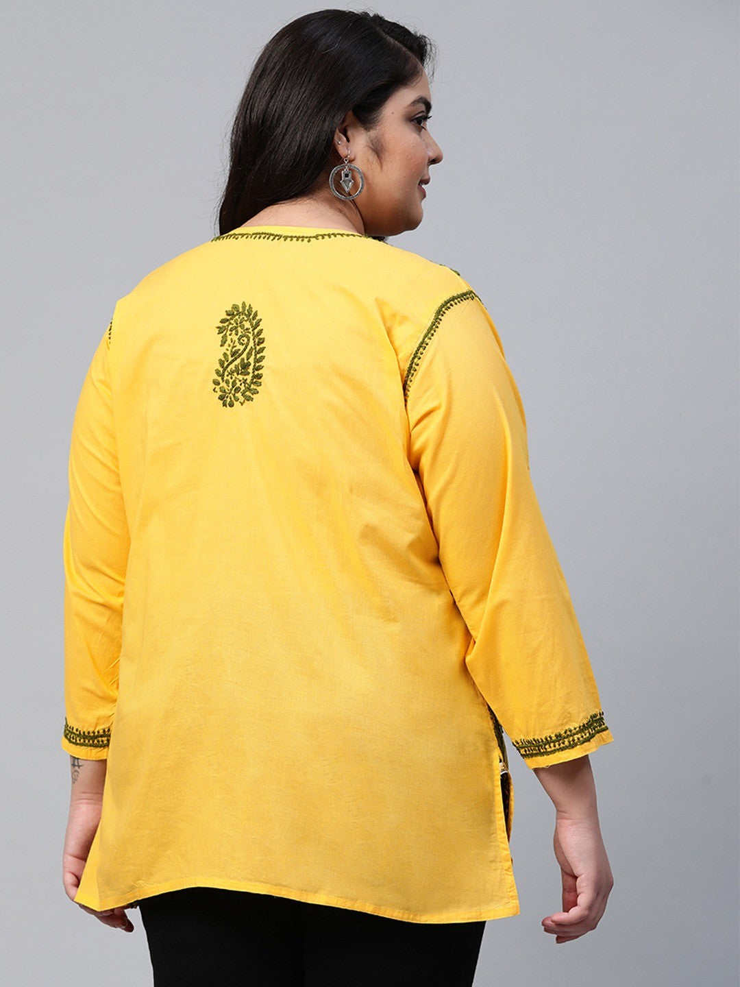 Ada Hand Embroidered Yellow Pure Cambric Cotton Lucknowi Chikan Kurti A250458