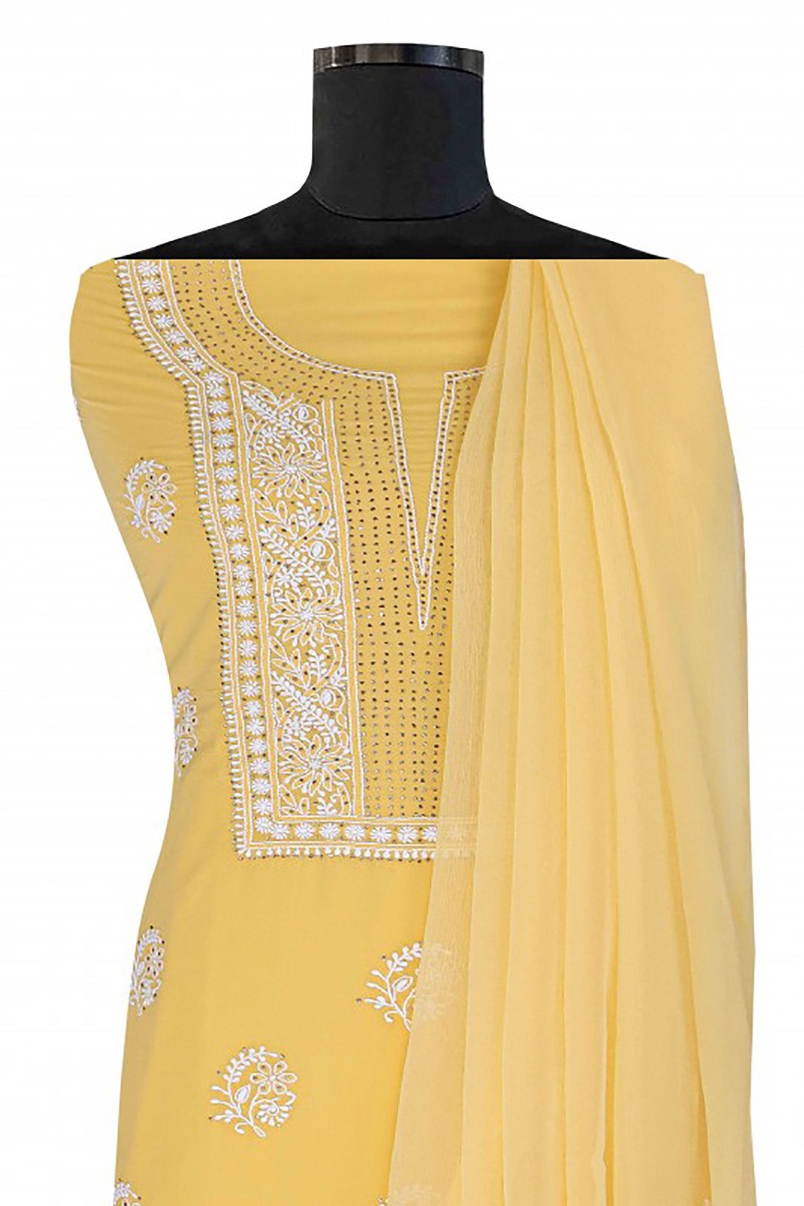 Ada Hand Embroidered Yellow Cotton Lucknowi Chikankari Unstitched Suit Piece With Muqaish Work A577384