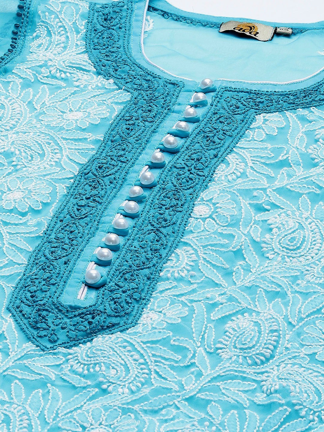 Ada Hand Embroidered Turquoise Blue Georgette Lucknowi Chikankari Straight Kurta With Slip A225706