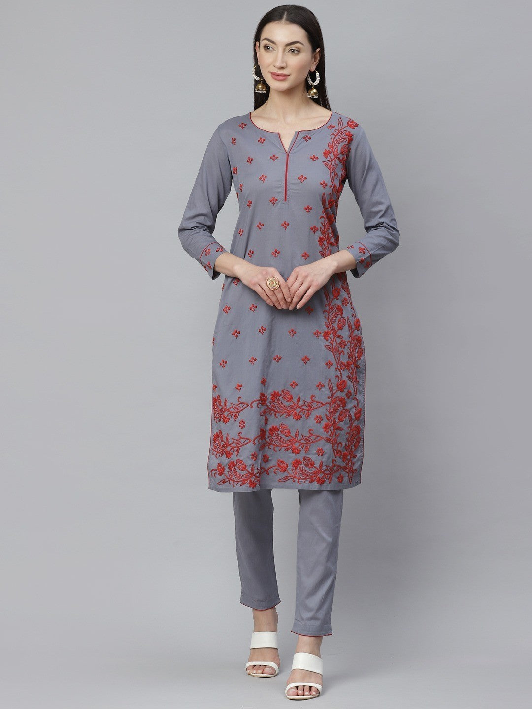 Ada Hand Embroidered Grey Cotton Lucknowi Chikankari Straight Kurta With Trouser Set A811128