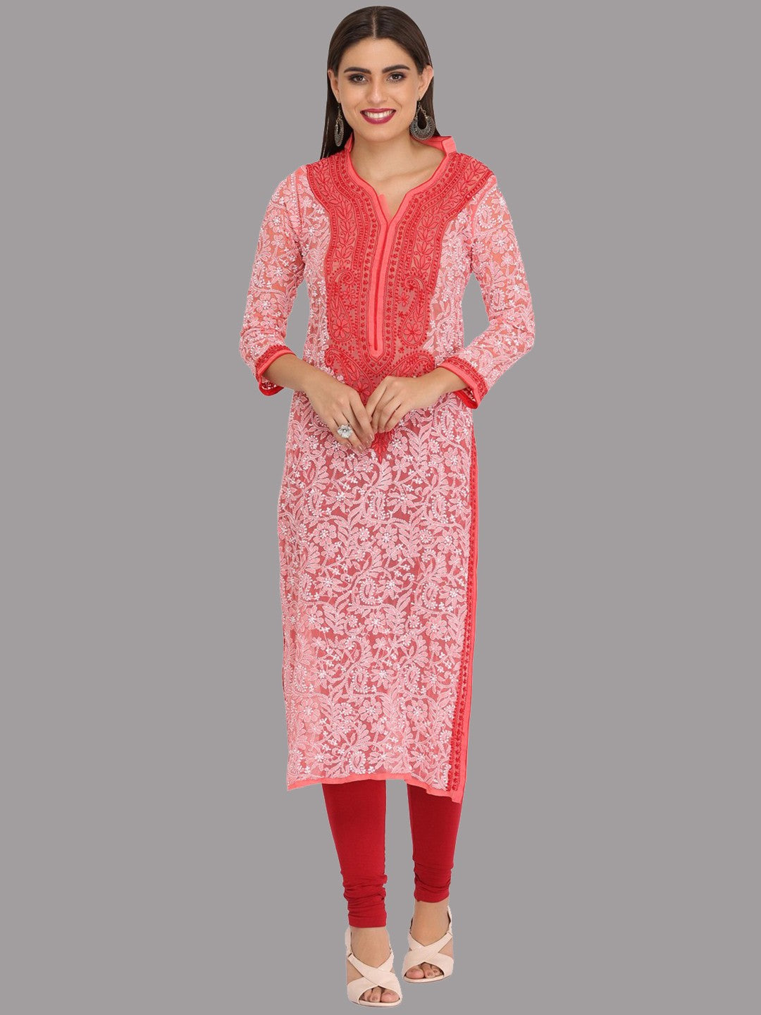 Ada Hand Embroidered Carrot Pink Georgette Lucknow Chikan Kurta A280302