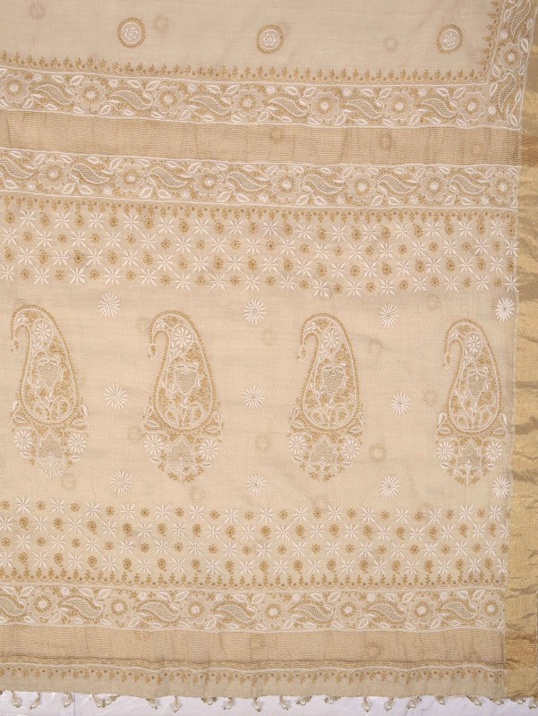 Ada Hand Embroidered Natural Fawn Tissue Lucknowi Chikankari Saree/Blouse With Zari Work A606168