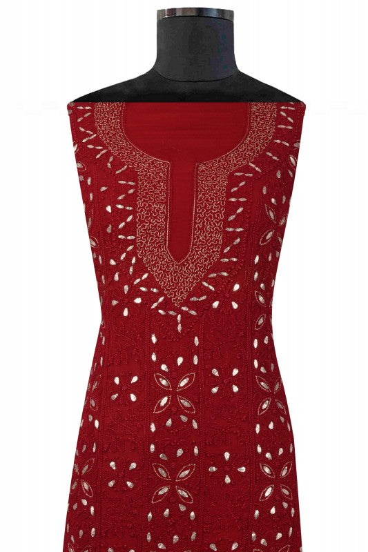 Ada Hand Embroidered Maroon Georgette Lucknowi Chikan Unstitched Kurta Piece With Gota Patti Work A330482