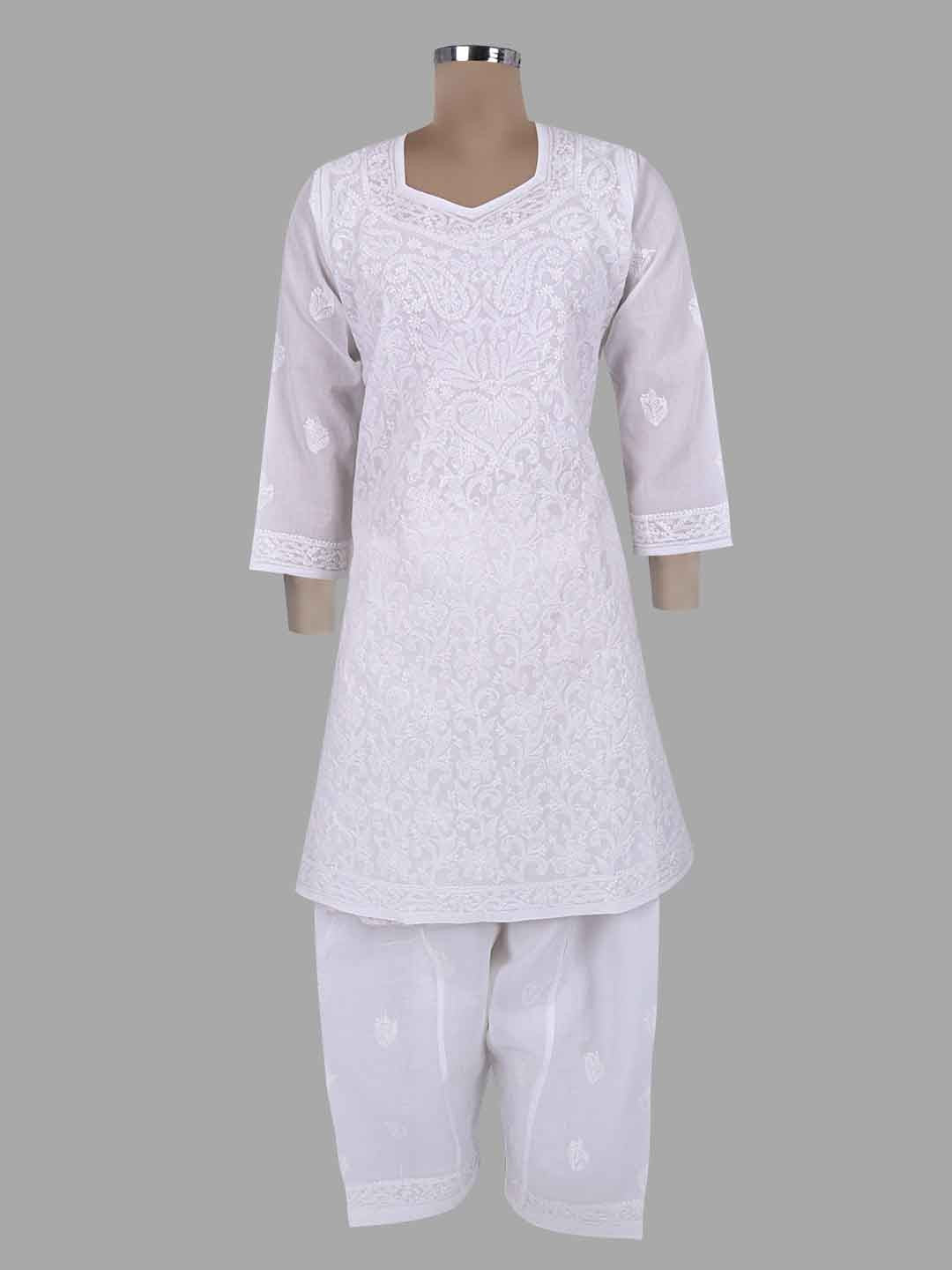 Ada Hand Embroidered White Cotton Lucknowi Chikankari Kurta Dupatta With Salwar Set A599166