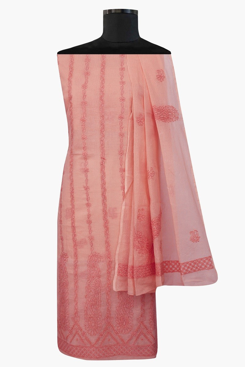 Ada Hand Embroidered Salmon Peach Kota Chikan Unstitched Kurta Dupatta Set- A596886