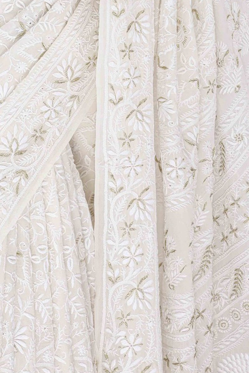 Ada Hand Embroidered Ivory White Pure Georgette Lucknow Chikan Saree with Blouse A573519
