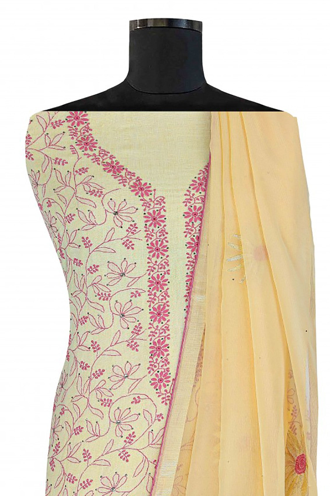 Ada Hand Embroidered Lemon Linen Lucknowi Chikankari Unstitched Kurta Dupatta With Muqaish Work A206684