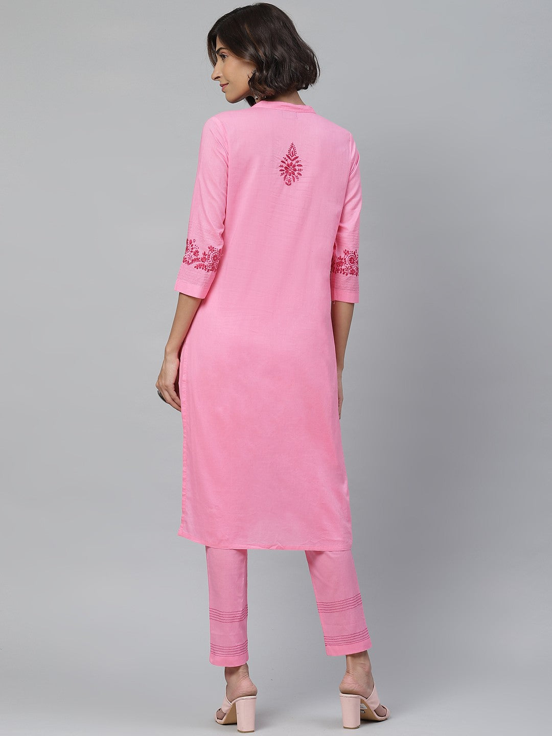 Ada Hand Embroidered Rose Pink Cotton Lucknowi Chikankari Straight Kurta With Trouser Set A100339