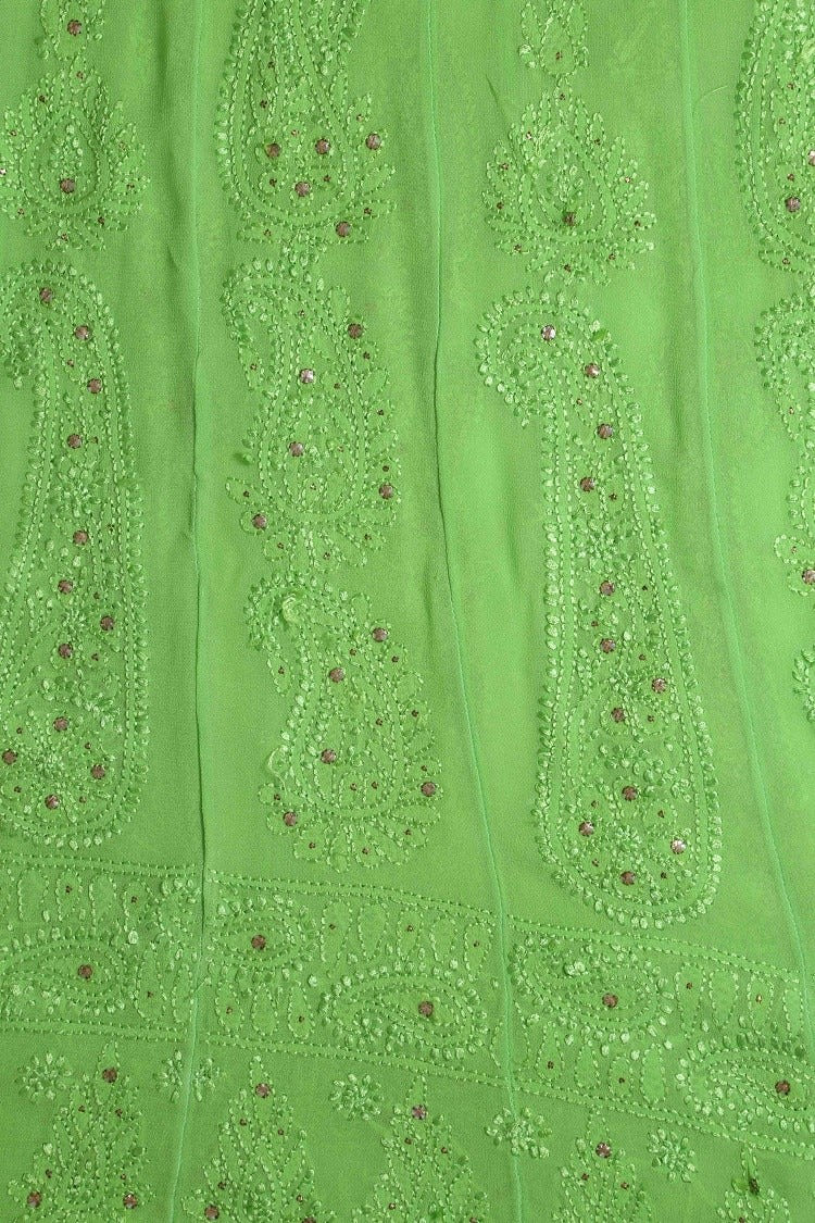Ada Hand Embroidered Parrot Green Georgette Lucknowi Chikankari Semi-Stitched Anarkali Kurta Dupatta Set With Muqaish Work A619753