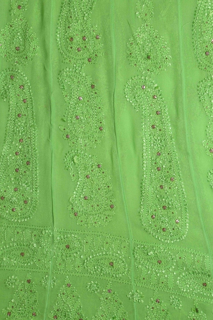 Ada Hand Embroidered Parrot Green Georgette Lucknowi Chikankari Semi-Stitched Anarkali Kurta Dupatta Set With Muqaish Work A619753