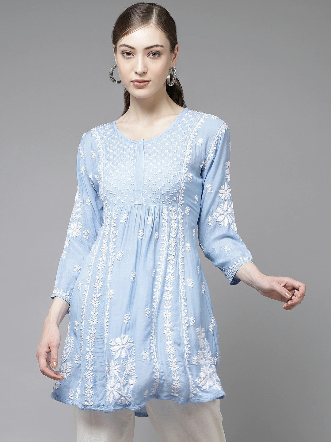 Ada Hand Embroidered Blue Muslin Lucknow Chikan Kurti-A911129