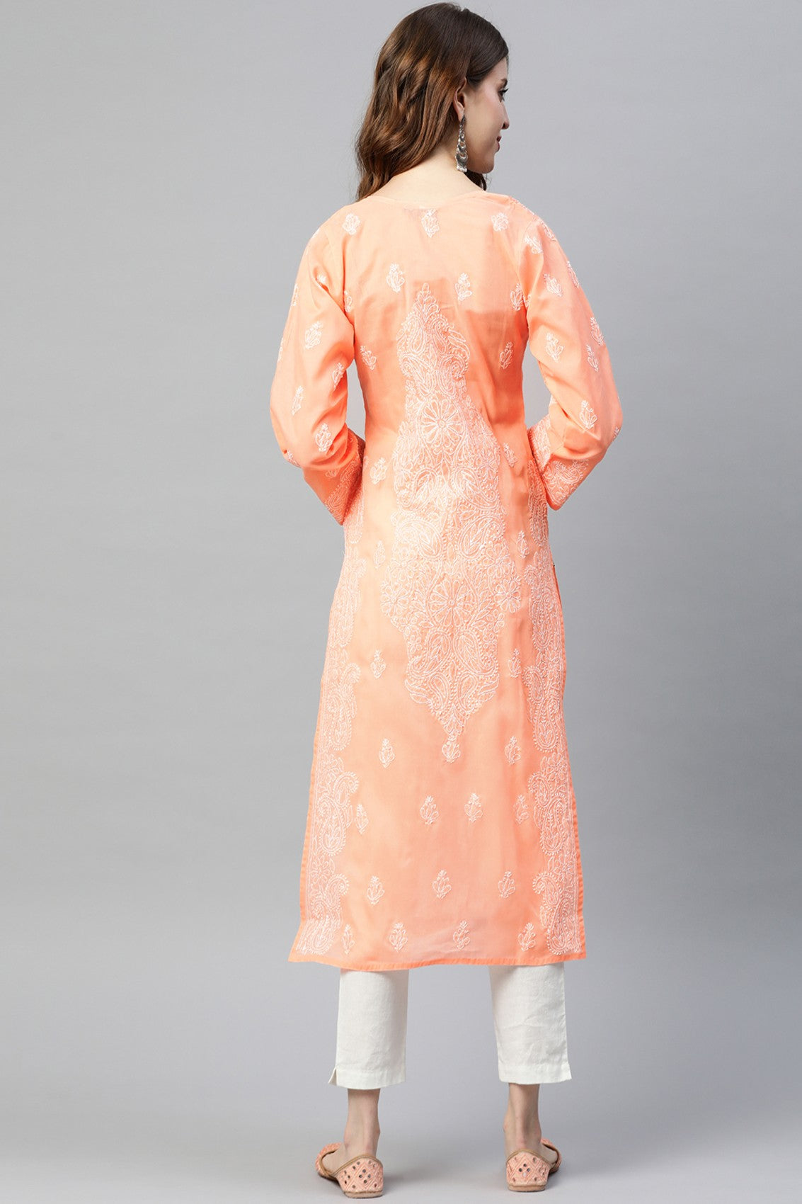 Ada Hand Embroidered Peach Cotton Lucknowi Chikankari Straight Kurta A236287