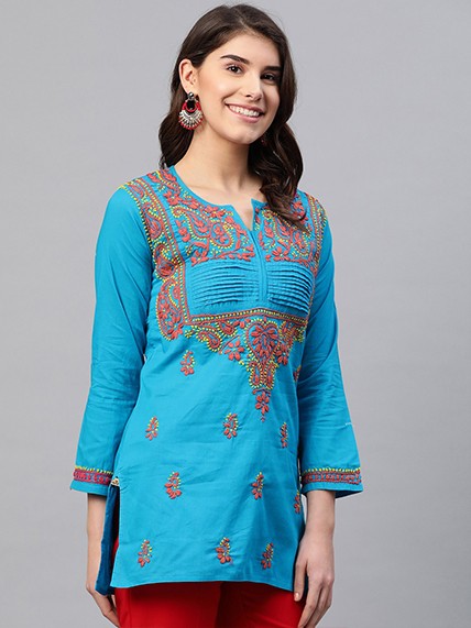 Ada Hand Embroidered Blue Cotton Lucknowi Chikankari Straight Kurti A226896