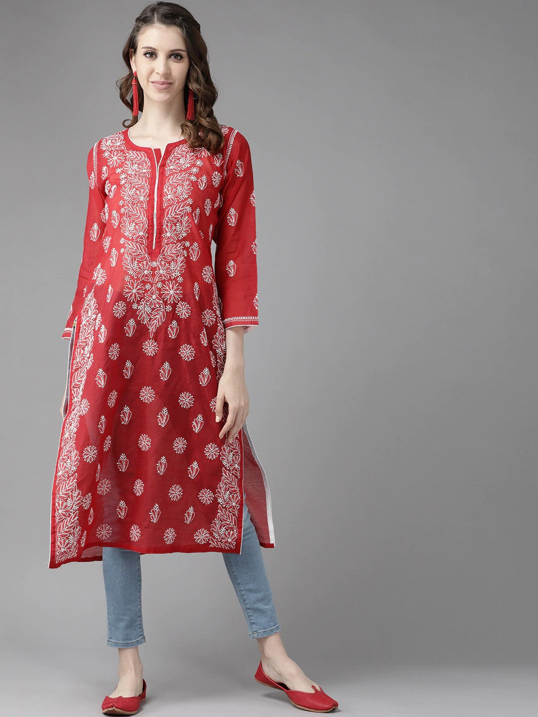 Ada Hand Embroidered Red Chanderi Lucknowi Chikankari Straight Kurta A411178