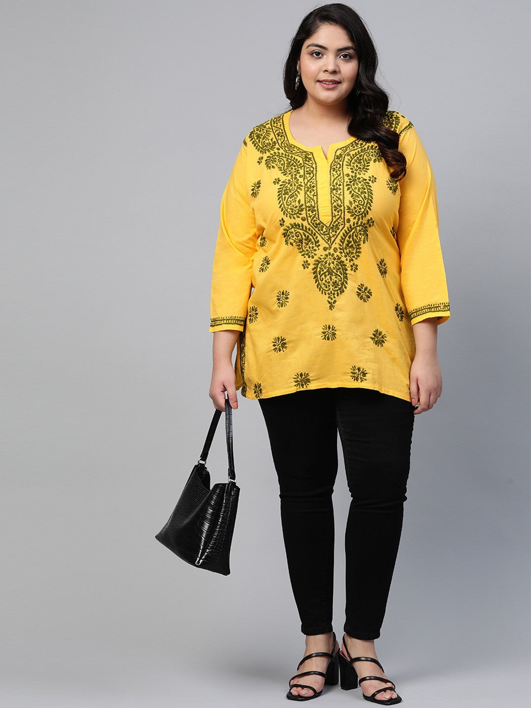 Ada Hand Embroidered Yellow Pure Cambric Cotton Lucknowi Chikan Kurti A250458