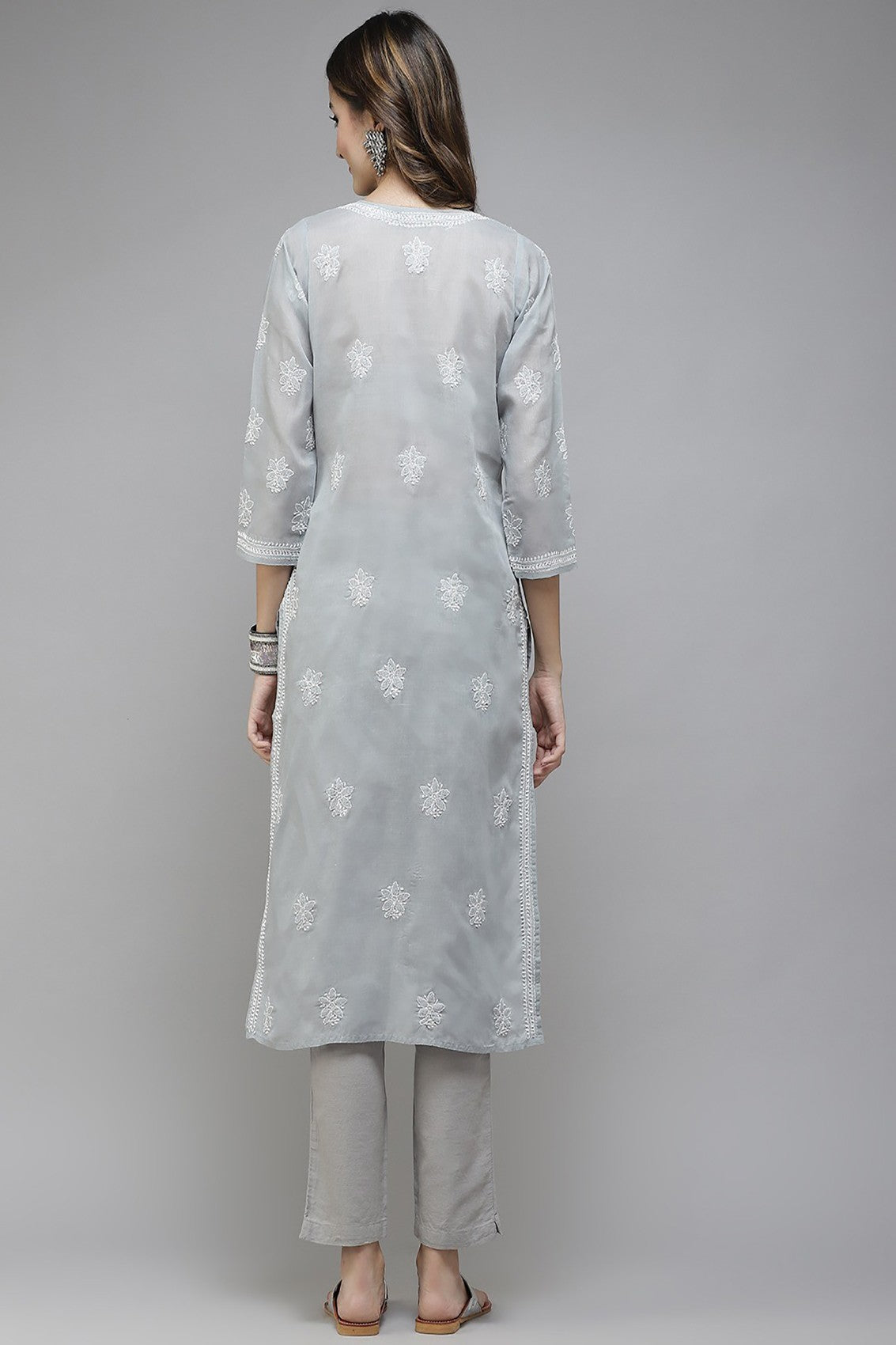 Ada Hand Embroidered Grey Cotton Lucknowi Chikankari Straight Kurta A411386