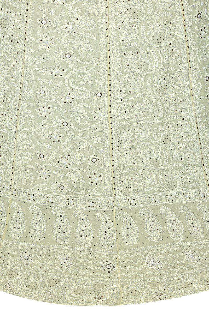 Ada Hand Embroidered Lemon Pure Georgette Lucknowi Chikankari Unstitched Lehenga Skirt (Only Skirt)With Muqaish Work- A468475