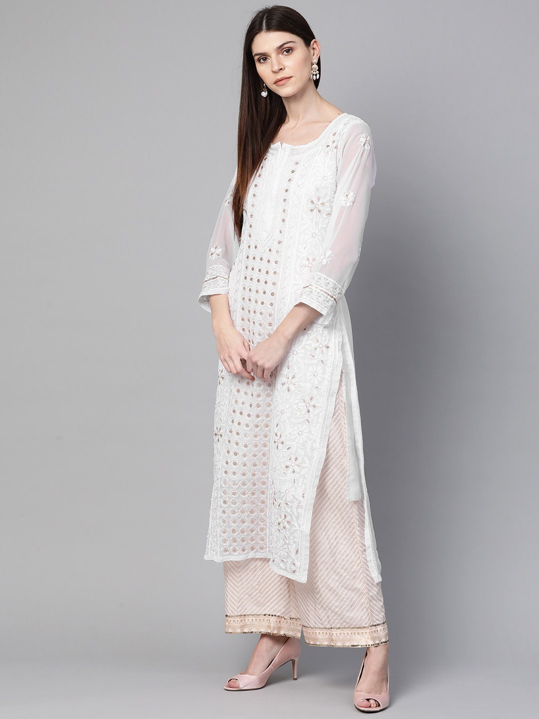 Ada Hand Embroidered White Georgette Lucknow Chikankari Straight Kurta/Slip with Muqaish Work – A100413