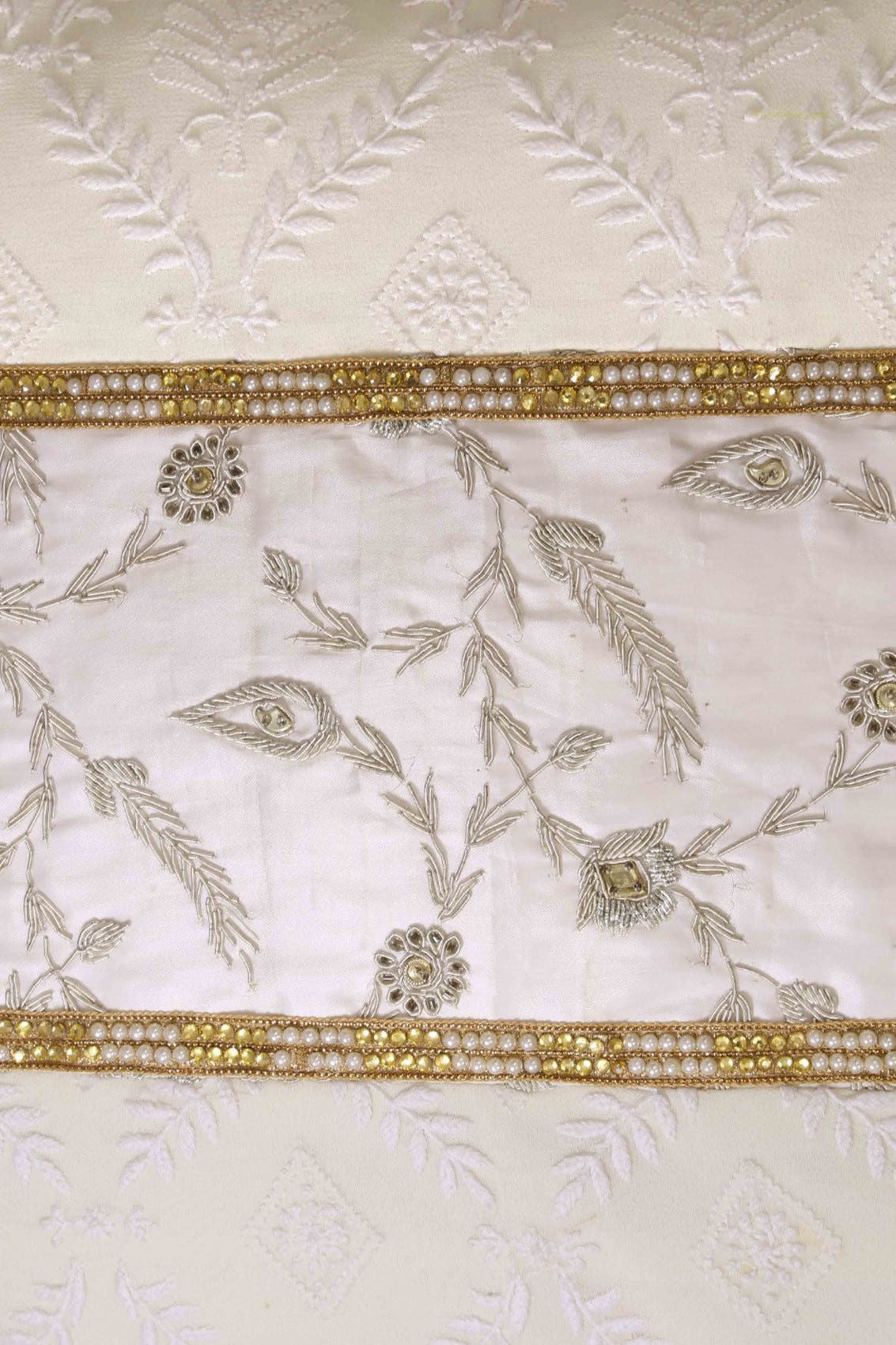Ada Hand Embroidered White Pure Georgette Lucknowi Chikankari Cushion Cover With Pearl Work 01A33720