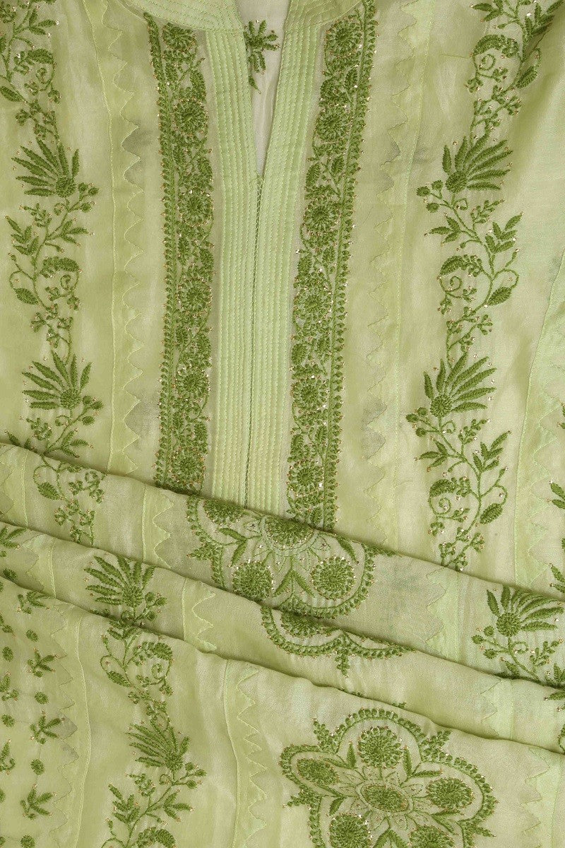 Ada Hand Embroidered Green Chanderi Lucknowi Chikan Semi-Stitched Kurta Piece With Muqaish Work-A588042