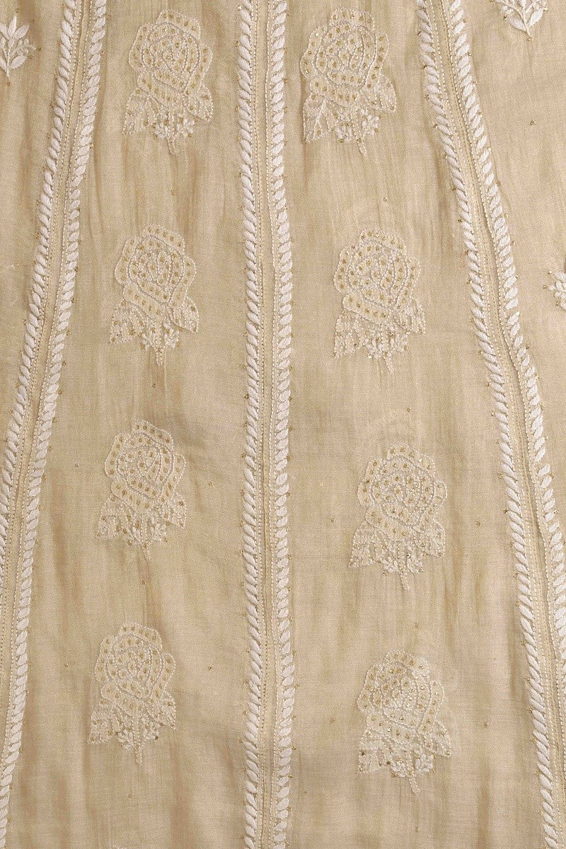Ada Hand Embroidered Fawn Tissue Lucknowi Chikankari Semi-stitched Angarkha Style Anarkali Kurta With Muqaish Work-A595338