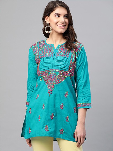 Ada Hand Embroidered Green Cotton Lucknowi Chikankari Straight Kurti A226855
