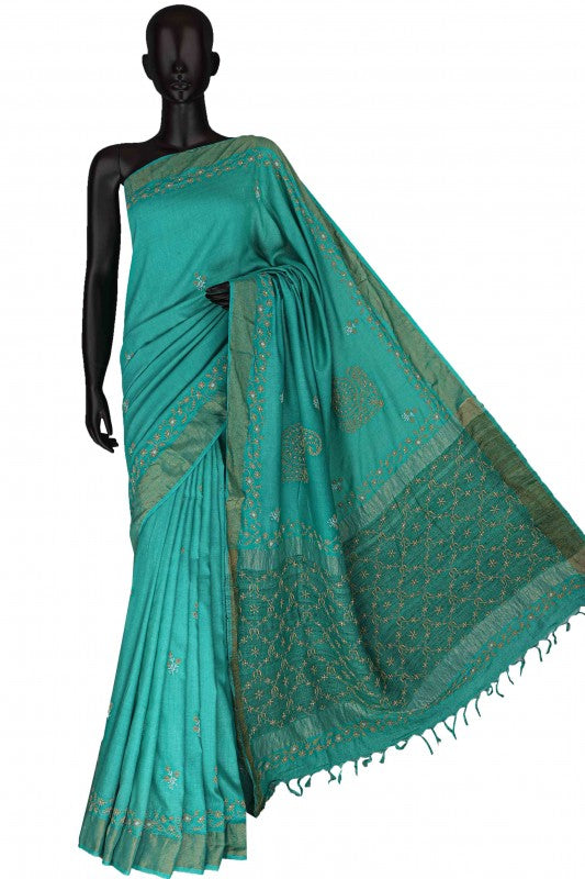 Ada Hand Embroidered Teal Green Silk Lucknowi Chikankari Saree with Blouse A615165