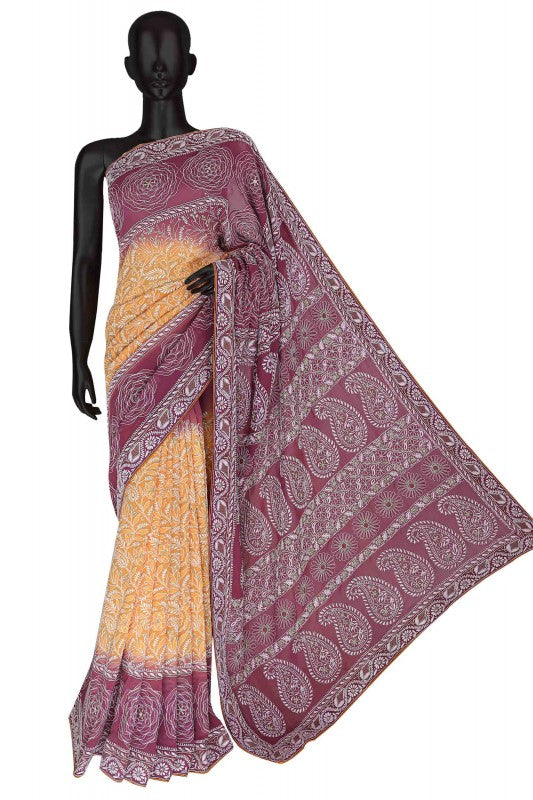 Ada Hand Embroidered Yellow /Pansy Purple Pure Georgette Lucknowi Chikankari Saree With Blouse-A51504