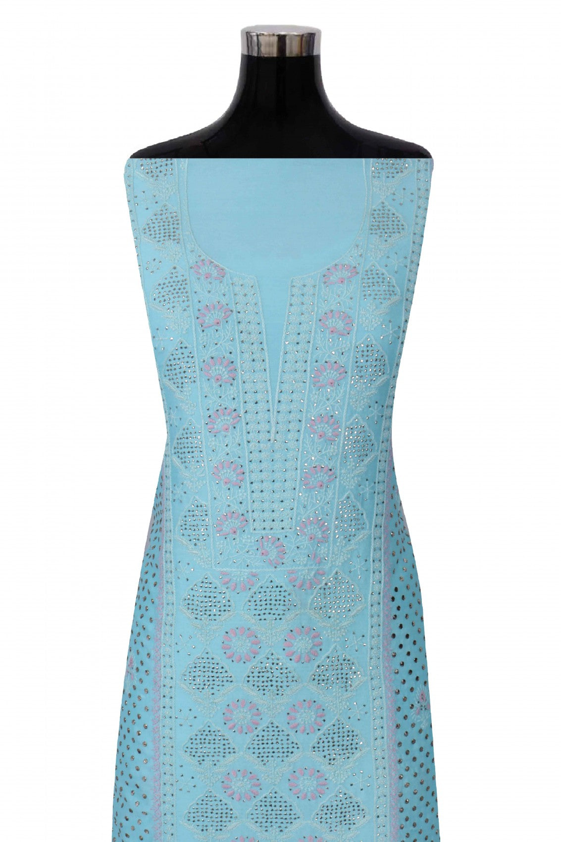 Ada Hand Embroidered Sky Blue Chanderi Lucknowi Chikankari Unstitched Suit Piece With Muqaish Work 01A195541