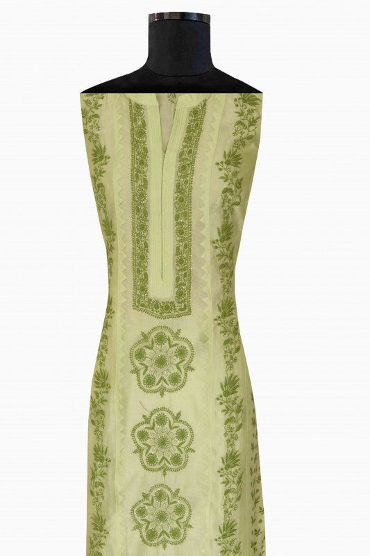 Ada Hand Embroidered Green Chanderi Lucknowi Chikan Semi-Stitched Kurta Piece With Muqaish Work-A588042