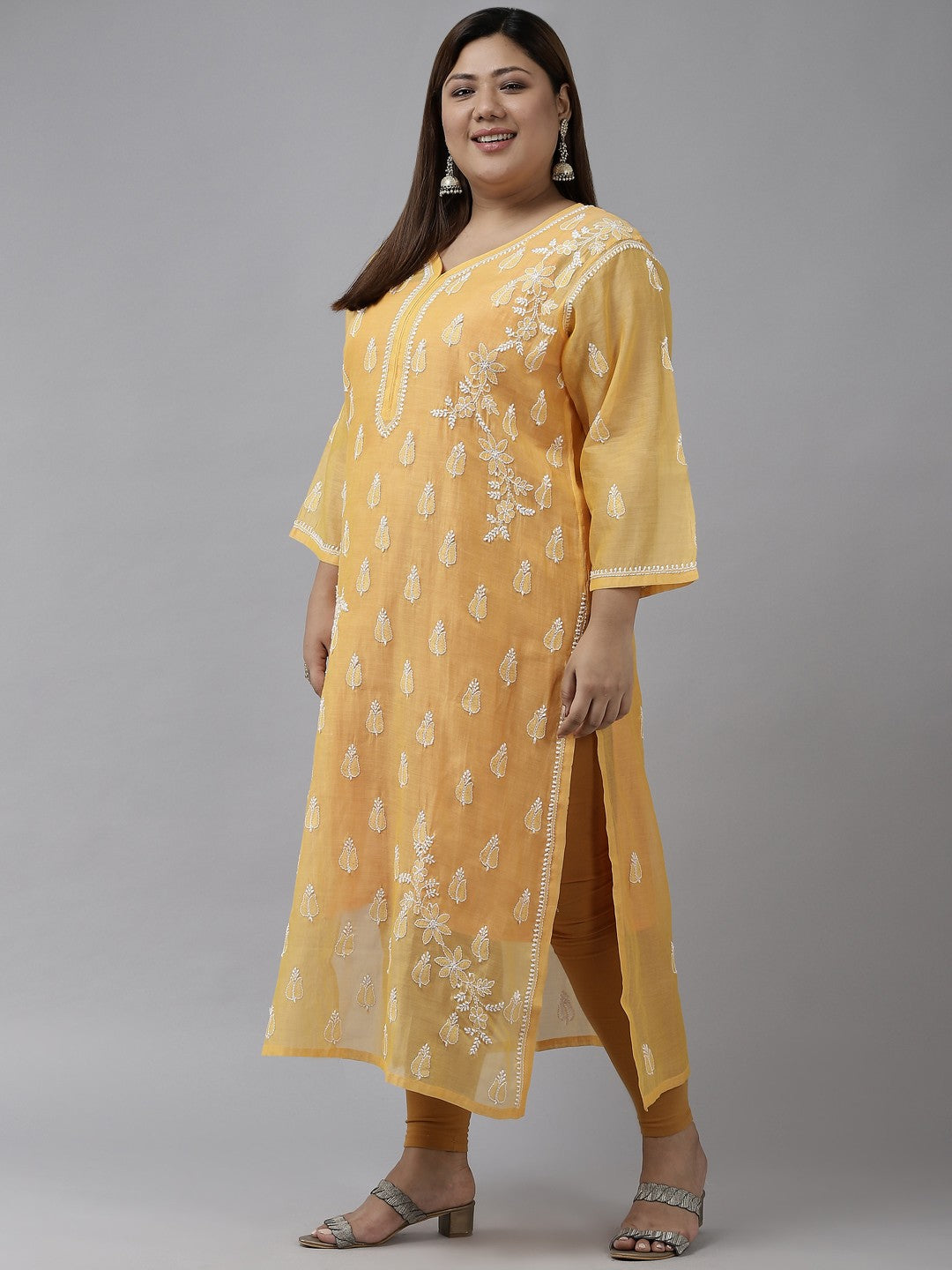 Ada Hand Embroidered Yellow Chanderi Lucknow Chikankari Straight  Kurta A411375