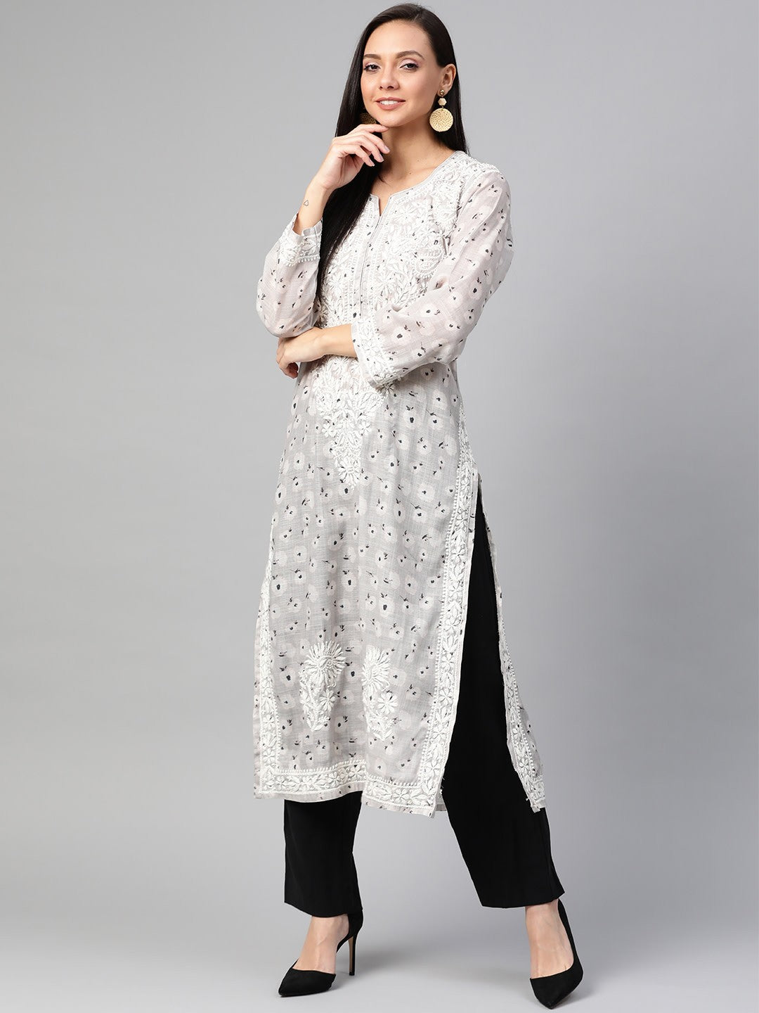 Ada Hand Embroidered Grey Cotton Lucknowi Chikankari Straight Kurta A100435