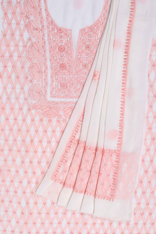 Ada Hand Embroidered White Pure Georgette Lucknowi Chikan Unstitched Kurta Dupatta Set A425087