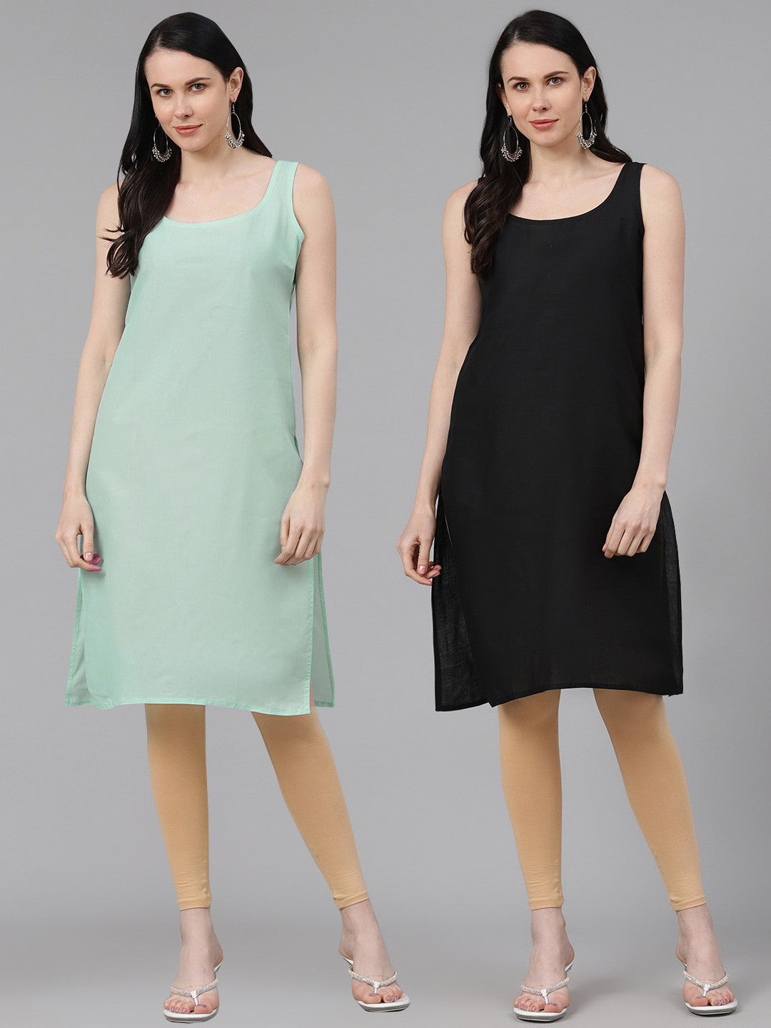 Ada Sea Green and Black Cotton Long Slips Combo of 2  A294995.