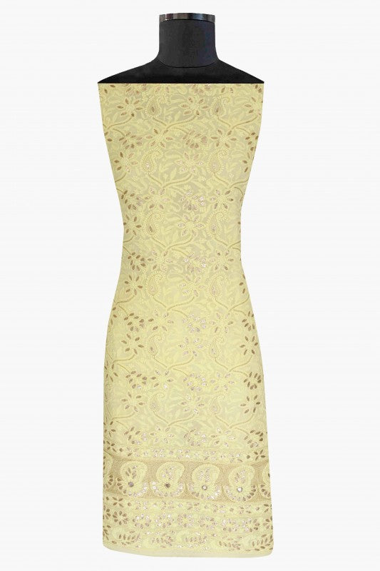 Ada Hand Embroidered Lemon Georgette Lucknowi Chikan Unstitched Kurta Dupatta Set With Gota Patti Work- A613195