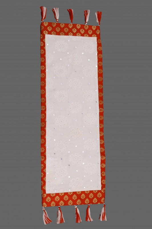 Ada Hand Embroidered White Pure Georgette Lucknowi Chikankari Table Runner With Sequinned Work 01A15146
