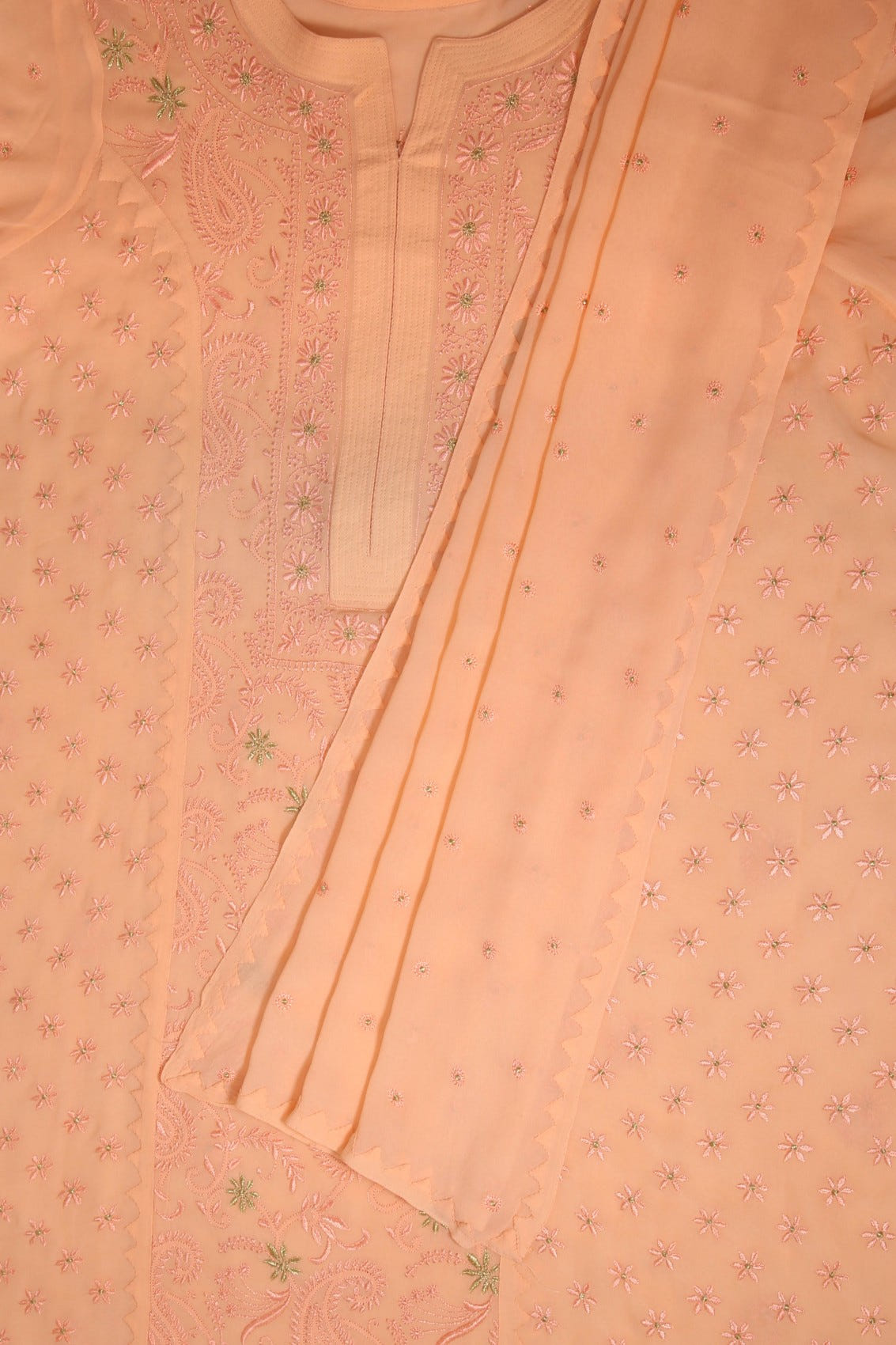 Ada Hand Embroidered Peach Pure Georgette Lucknowi Chikankari Unstitched Kurta Dupatta Set With Zari Work A374517