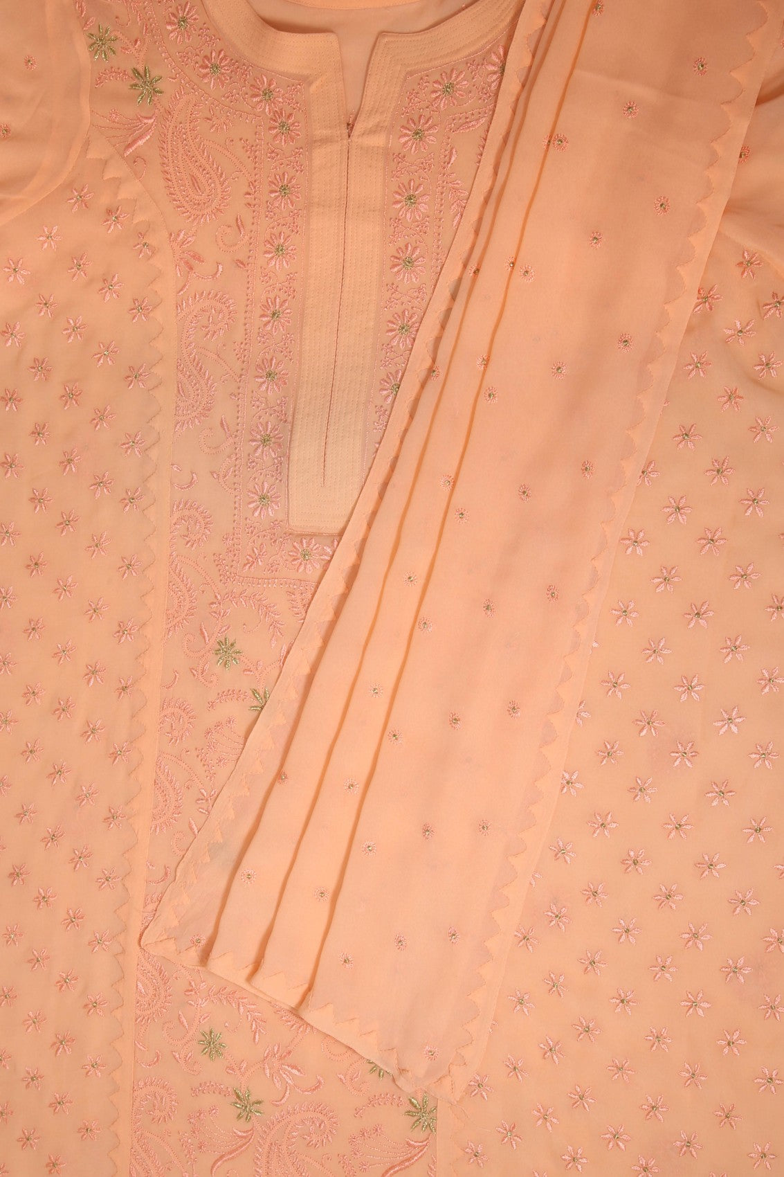 Ada Hand Embroidered Peach Pure Georgette Lucknowi Chikankari Unstitched Kurta Dupatta Set With Zari Work A374517