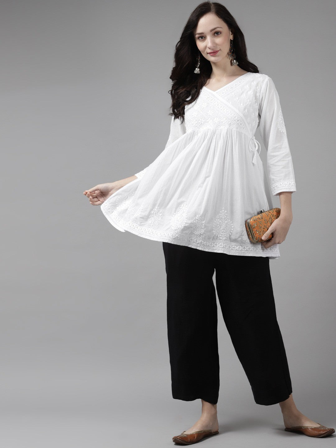 Ada Hand Embroidered White Cotton Lucknow Chikankari Angarkha Top A911159