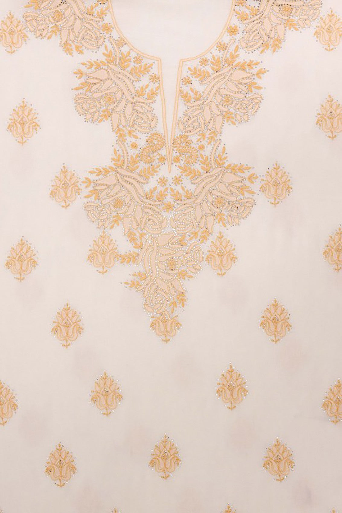 Ada Hand Embroidered White Pure Georegtte Lucknowi Chikankari Unstitched Kurta Dupatta set With Muqaish Work A449855